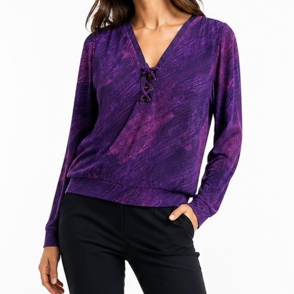 WHBM White House Black Market Purple Abstract Lace Up Long Sleeve Top M NEW